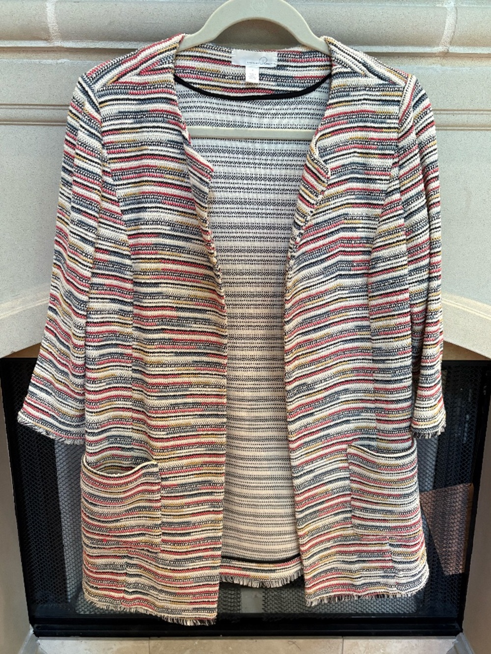 Emerson Rose Multicolor Striped Tweed Open Front Fringe-Hem Jacket — Size S
